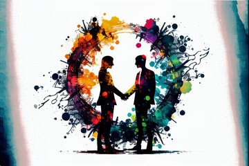 Naklejka na ściany i meble Businessmen shaking hands closing a deal, negotiations, successful venture depicted in abstract art with white background. Represents idea of partnership, cooperation, teamwork, and innovation.