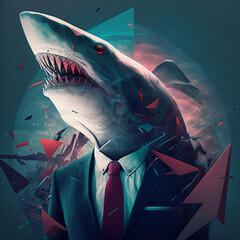 Portrait of shark in a business suit, at the office as a trendy graphic design artwork with a geometric, an abstract