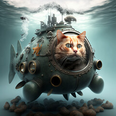 a cat submarine chimera, digital art