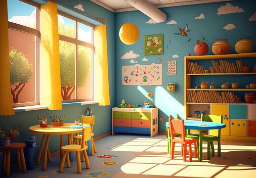 Nursery room, pre school.  Childcare center interior. Generative AI.