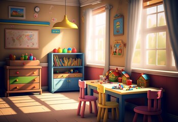 Nursery room, pre school.  Childcare center interior. Generative AI.