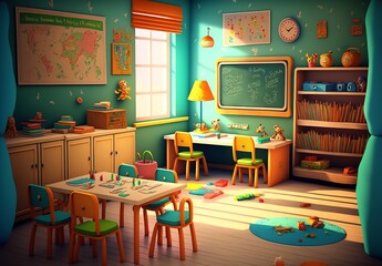 Nursery room, pre school.  Childcare center interior. Generative AI.