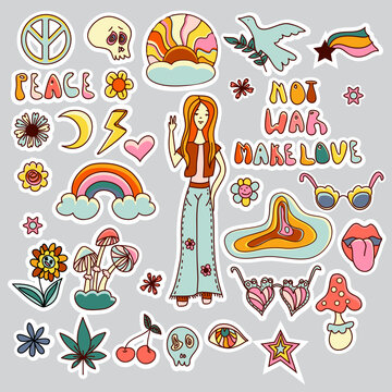 Hand drawn doodle Hippies stickers set. Not war make love, peace. Vector 70s.