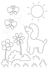 cute poodle, flowers and butterflies, easy coloring page that you can print on a4 paper