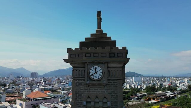 Beautiful 4K panoramic aerial video from flying drone to Nha Trang, Vietnam, the main church for the Church of Catholic Diocese of Nha Trang. 4K Nha Trang, Vietnam.