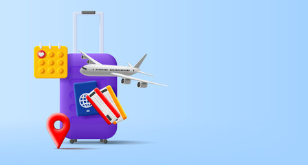 3d composition with travel suitcase and calendar date, plane and passports with boarding pass, render illustration