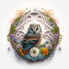 Fototapeta premium Flat Cute fairytale owl inside a flat spiral of flowers on white background