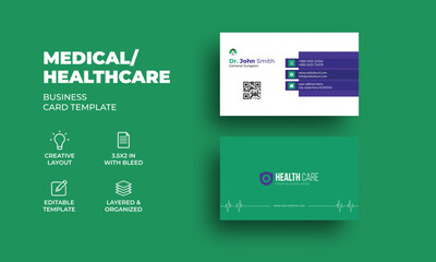 corporate medical business card template. blue modern digital card for hospital business card premium vector.