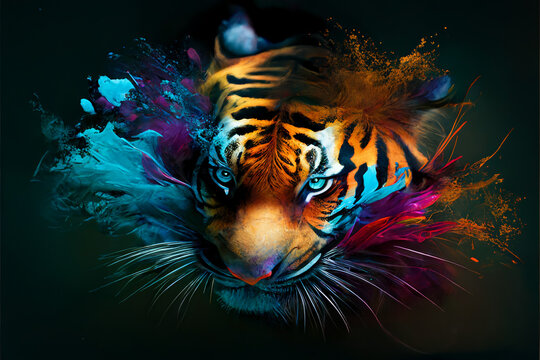 Colorful paint splashes around a tiger face Generative AI