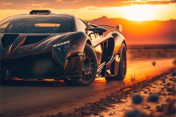 black Sports car at sunrise illustration generative ai