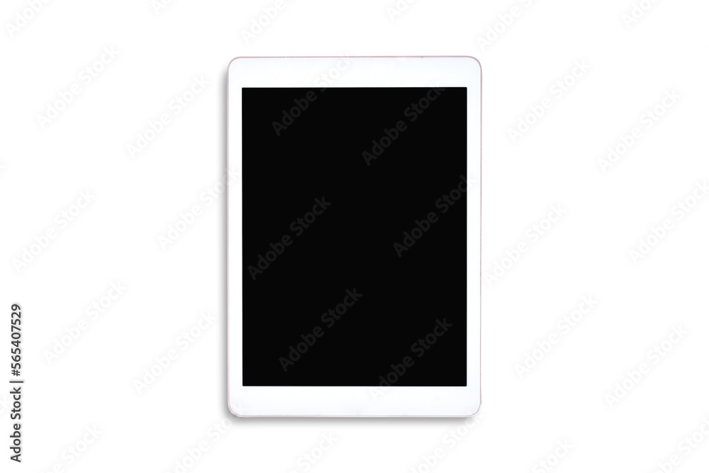 Wall mural clipping path. top view to white tablet computer isolated and empty(blank) black screen on white bac