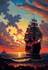 fine art pointillism Illustration pirate ship on a violent sea sunset Generative AI