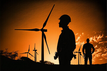 Silhouette maintenance engineer men working in wind turbine -Generative AI