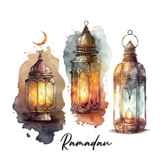 Ramadan flashlight Kareem. Mosque night. Arabic lanterns. Bright watercolor stains background. Vector illustration. - obrazy, fototapety, plakaty