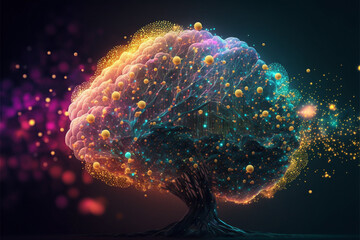 Neural network 3D illustration, big data and cybersecurity, data stream, global database and artificial intelligence, bright, colorful background with bokeh effect