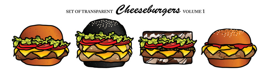 Cute hand drawn isolated color burgers on transparent background png file (Volume 1)