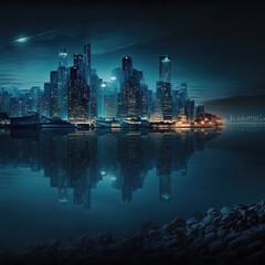 Fototapeta premium night scene of big city near the river, generative art by A.I.