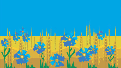 Fantastic wallpaper for tablet, computer desktop as a background. Bright blue flowers, yellow wheat field and blue clear sky. Modern progressive design template.