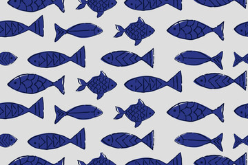 DOODLE FISHES WITH BLOCK PRINT DETAIL SEAMLESS PATTERN IN EDITABLE VECTOR FILE