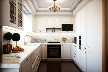 General view of luxury kitchen with white counter tops and cupboards