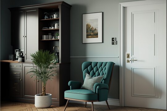 stylish interior design with armchair and cupboard