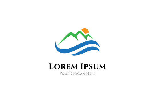 mountains and river logo, natural landscape logo design template