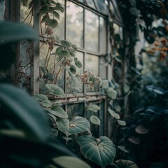 Greenhouse plants in cinematic lighting. Generative AI 