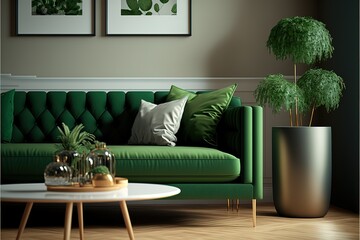 Home interior mock-up with green sofa, table and decor in living room