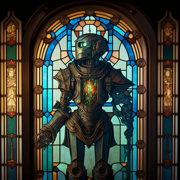 a stained glass window depicting a robot 