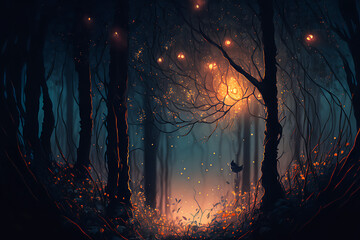 Gloomy fantasy forest at night with glowing lights. flowers, dark. generative ai