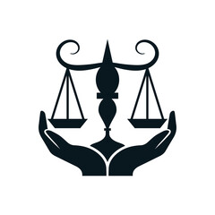 set of black and white icons for lawyer service. Two hand holding justice scale balance.