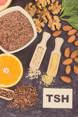 Inscription TSH with fruits, vegetables and ingredients as best food for healthy thyroid. Natural eating containing vitamins