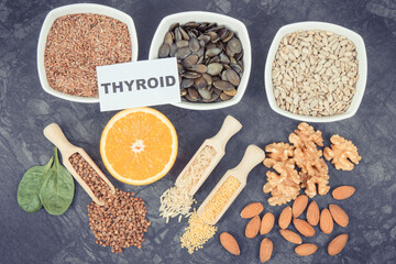 Products and ingredients as source vitamins and minerals. Beneficial eating for thyroid gland