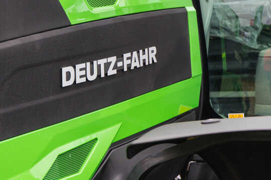 Bednary, Poland - September 25, 2021: Agroshow. Deutz-Fahr brand tractor machine. Manufacturer agricultural equipment. Detail and part of vehicle