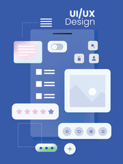 Layout of mobile application blocks on the smartphone screen. UX / UI design concept in web development. Mobile application interface template. Creative project progress and solution. Modern vector fl