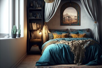 Comfortable bedroom in bohemian interior style with furnishing