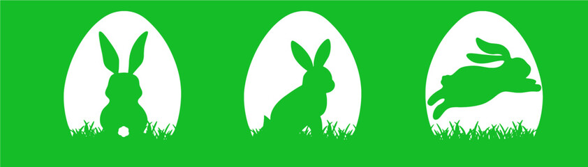 Happy Easter holiday banner illustration vector background - Symbol cartoon set of green white silhouette of easter egg and easter bunny isolated
