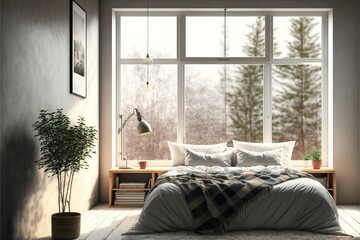 Interior of modern bedroom with large windows