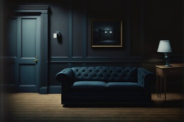 Dark living room, Blue sofa on wooden flooring and black wall