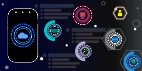 Mobile Technology background. AI(Artificial Intelligence) infographic. AI on mobile cloud service with wifi , mail , search , person , computer and world icon.