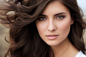 Fototapeta premium Female face beauty woman long hair fly natural make up. Beauty model girl with curly hairstyle. Fashion, cosmetics and makeup. Generative AI