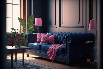 Living room interior in dark blue with a pink sofa, glass tab
