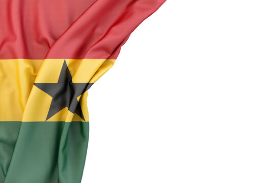 Flag of Ghana in the corner on white background. 3D illustration. Isolated