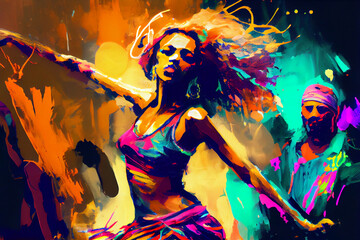 Fototapeta na wymiar Vibrant and Joyful: A Painted Style Illustration of a Dance with Brushstrokes and Splashes of Color as Background