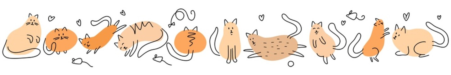 Collection of cats of different breeds, hand-drawn in the style of a doodle