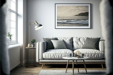 Minimalist interior design of living room with sofa and framed posters