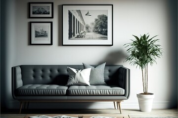 Minimalist interior design of living room with sofa ,framed posters
