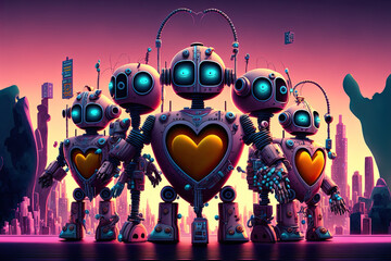 A group of robots dancing in a city with hearts on Valentine's Day, generative ai