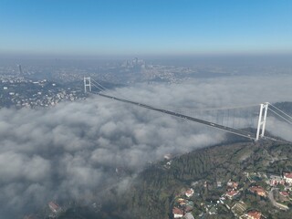 Istanbul aerial fog and bridge view. Aerial Bosphorus and Fog view