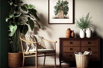 Stylish interior design of living room with wooden retro commode, chair, tropical plant in rattan pot, basket and elegant personal accessories. Mock up poster frame on the wall.